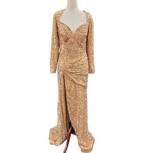 NWT Fitted Long Sleeve Sequin Gown with Leg Slit and Corset Back